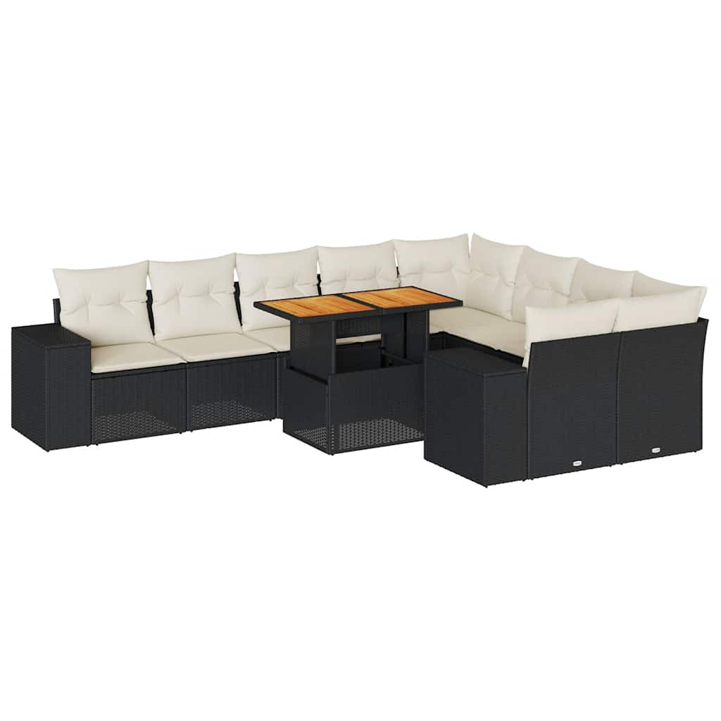 Set Divani Giardino 10pz con Cuscini Nero in Polyrattan Acacia | homemem39