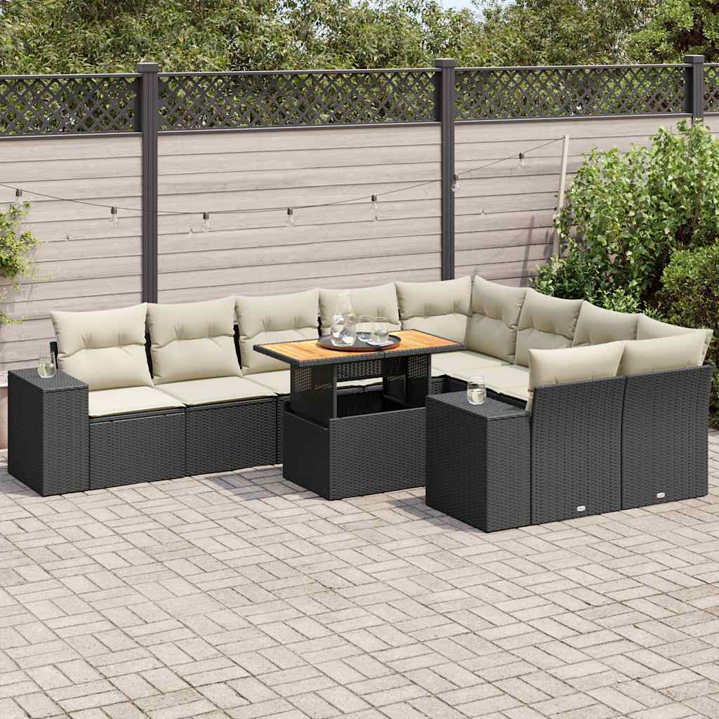 Set Divani Giardino 10pz con Cuscini Nero in Polyrattan Acacia | homemem39