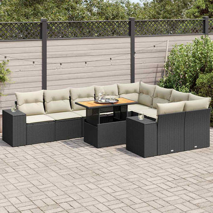 Set Divani Giardino 10pz con Cuscini Nero in Polyrattan Acacia | homemem39