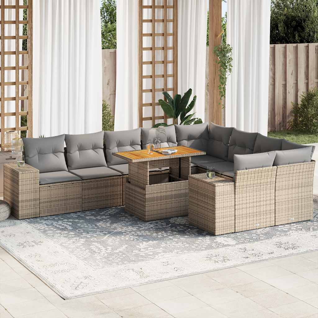 Divano da Giardino 10 pz con Cuscini Beige in Polyrattan Acacia | homemem39