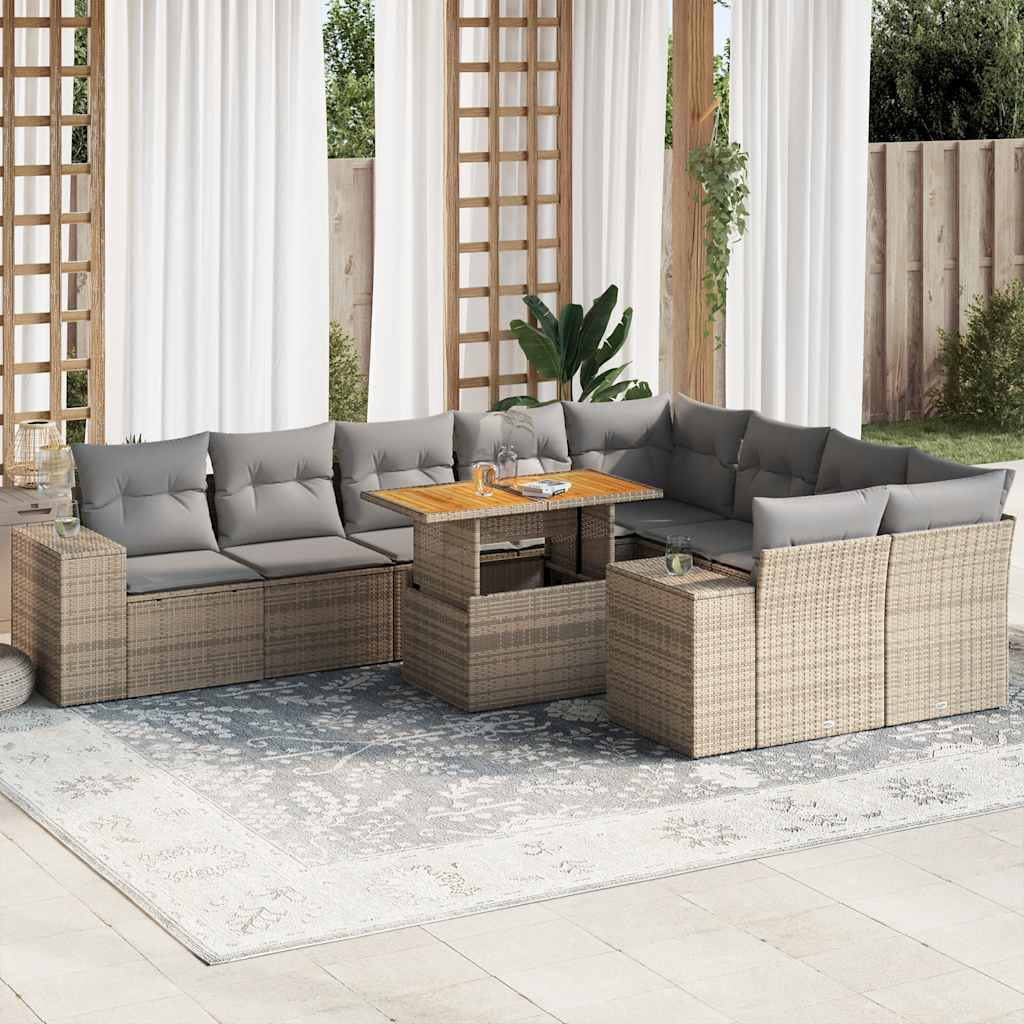 Divano da Giardino 10 pz con Cuscini Beige in Polyrattan Acacia