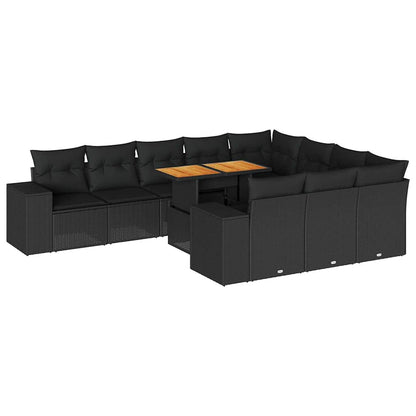 Set Divani Giardino 10pz con Cuscini Nero in Polyrattan Acacia
