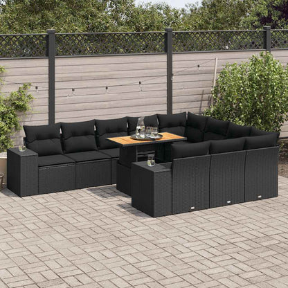Set Divani Giardino 10pz con Cuscini Nero in Polyrattan Acacia | homemem39