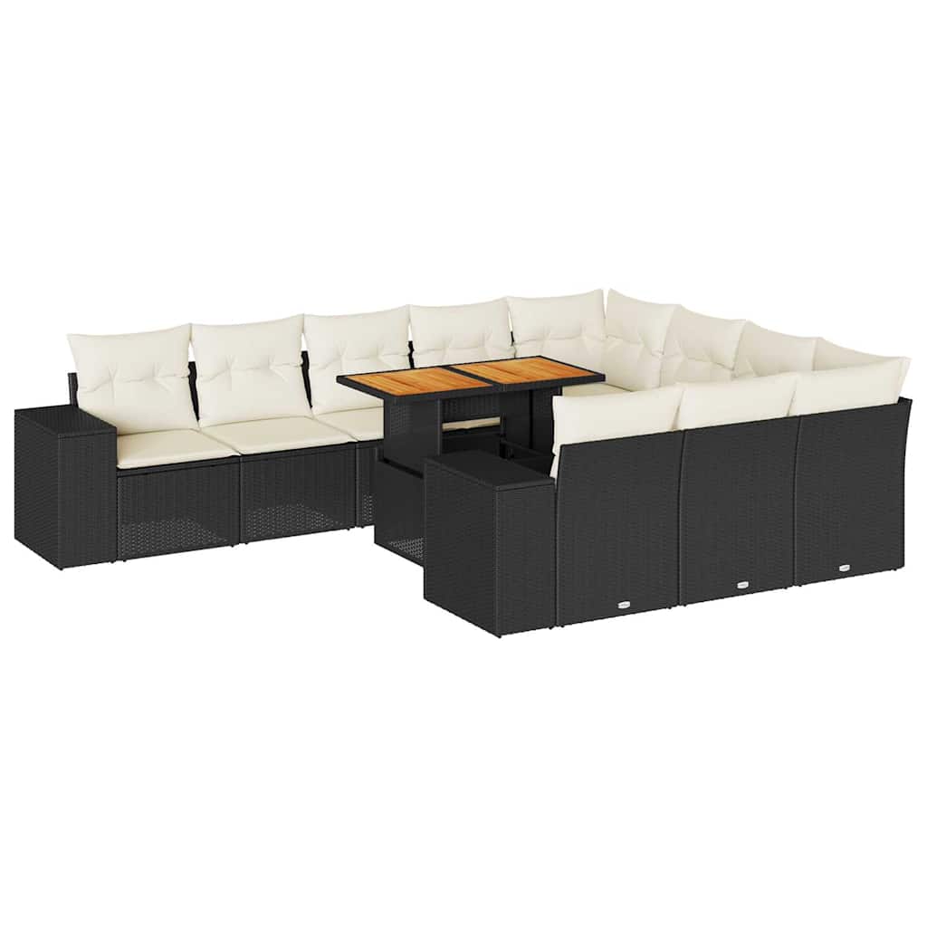 Set Divani Giardino 10pz con Cuscini Nero in Polyrattan Acacia