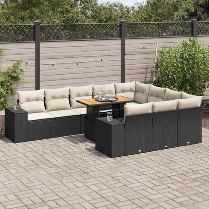 Set Divani Giardino 10pz con Cuscini Nero in Polyrattan Acacia