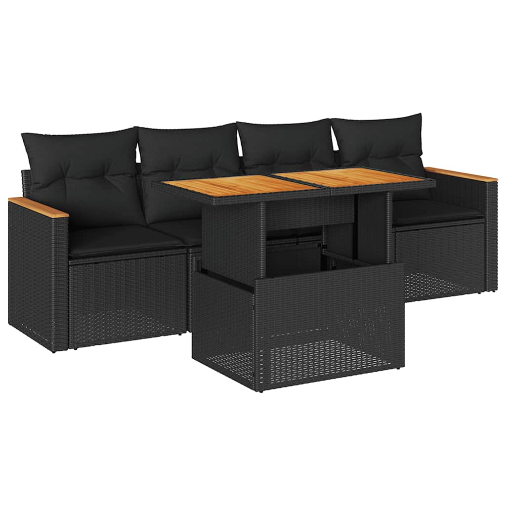 Set Divani da Giardino 5 pz con Cuscini Nero Polyrattan Acacia | homemem39