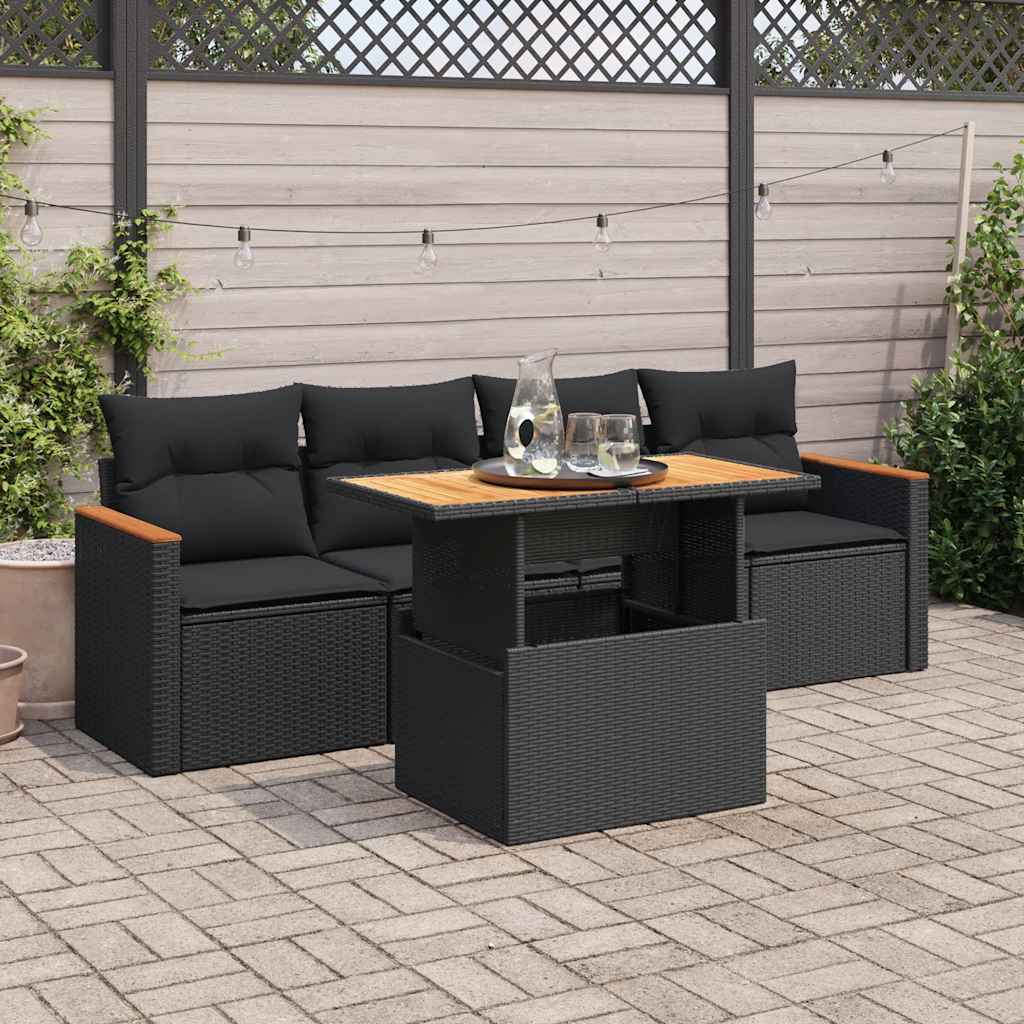 Set Divani da Giardino 5 pz con Cuscini Nero Polyrattan Acacia | homemem39