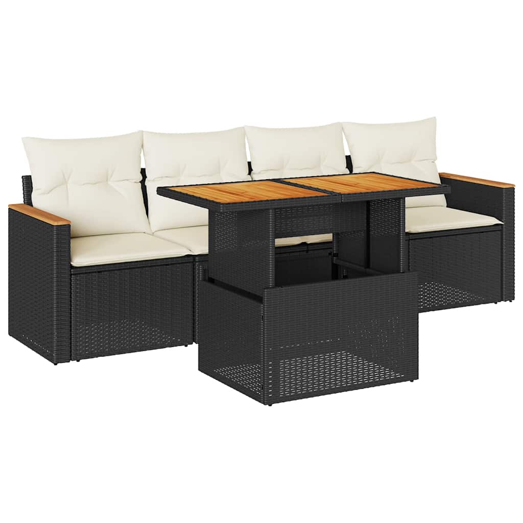 Set Divani da Giardino 5 pz con Cuscini Nero Polyrattan Acacia | homemem39