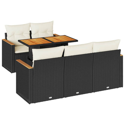 Set Divano da Giardino 6 pz con Cuscini Nero Polyrattan Acacia | homemem39