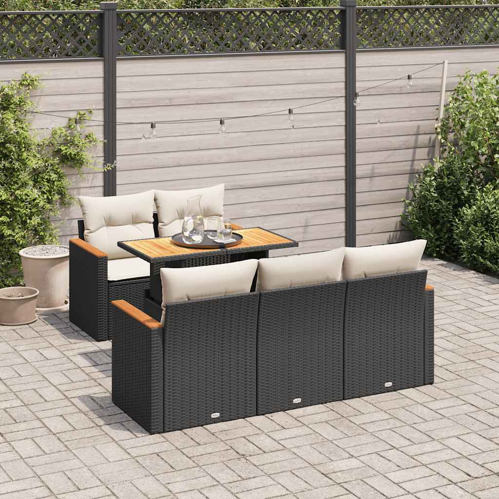 Set Divano da Giardino 6 pz con Cuscini Nero Polyrattan Acacia | homemem39