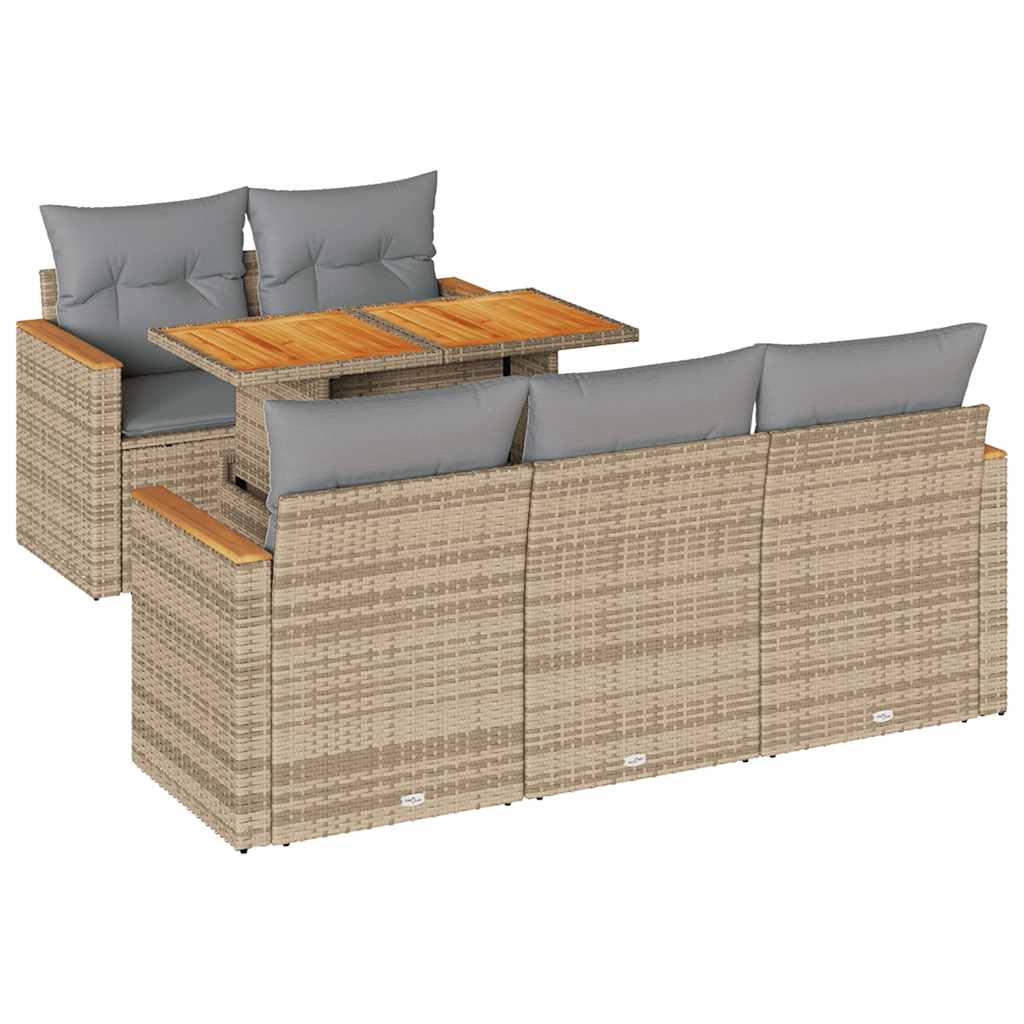 Set Divano da Giardino 6 pz con Cuscini Beige Polyrattan Acacia | homemem39