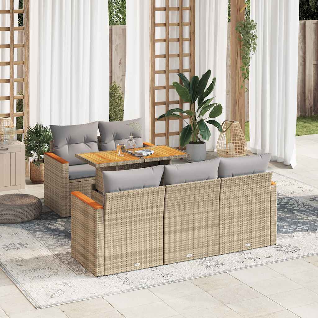 Set Divano da Giardino 6 pz con Cuscini Beige Polyrattan Acacia | homemem39