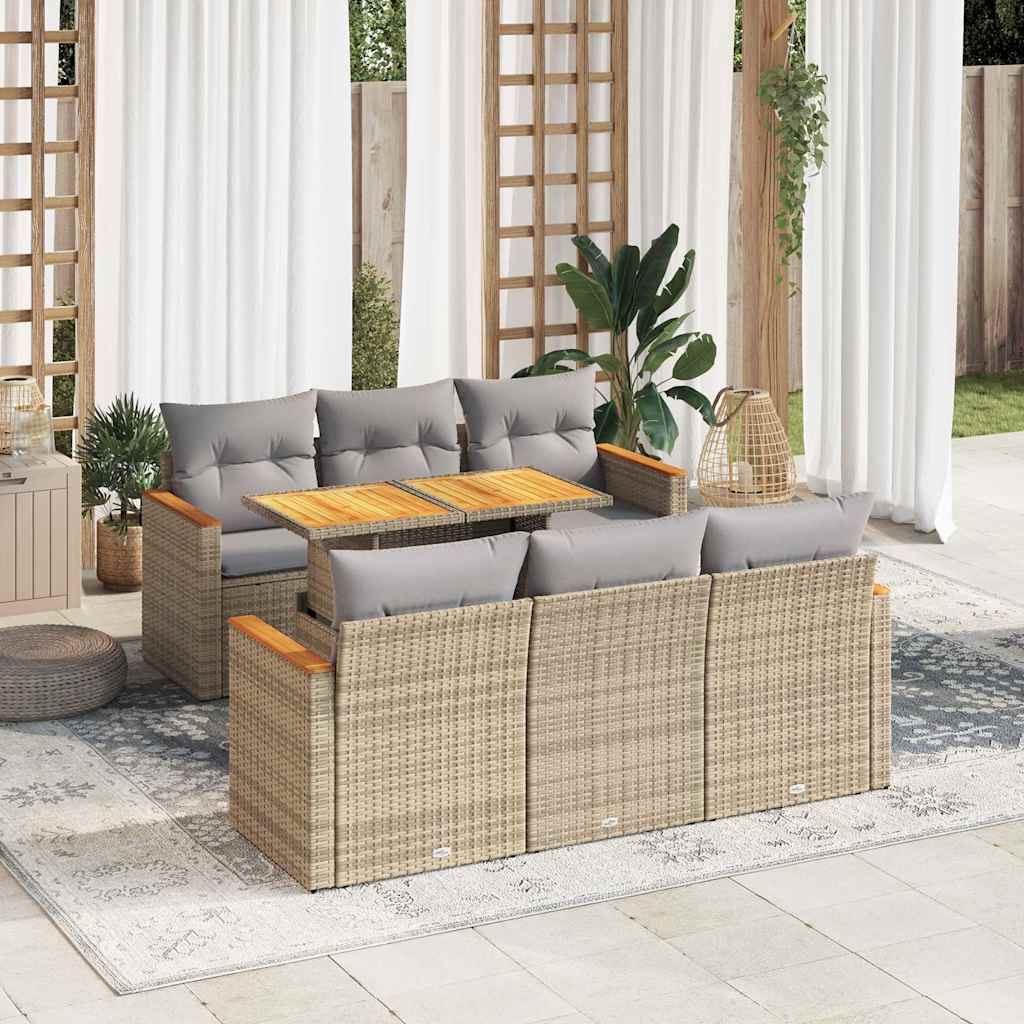 Set Divani da Giardino 7 pz con Cuscini Beige Polyrattan Acacia | homemem39