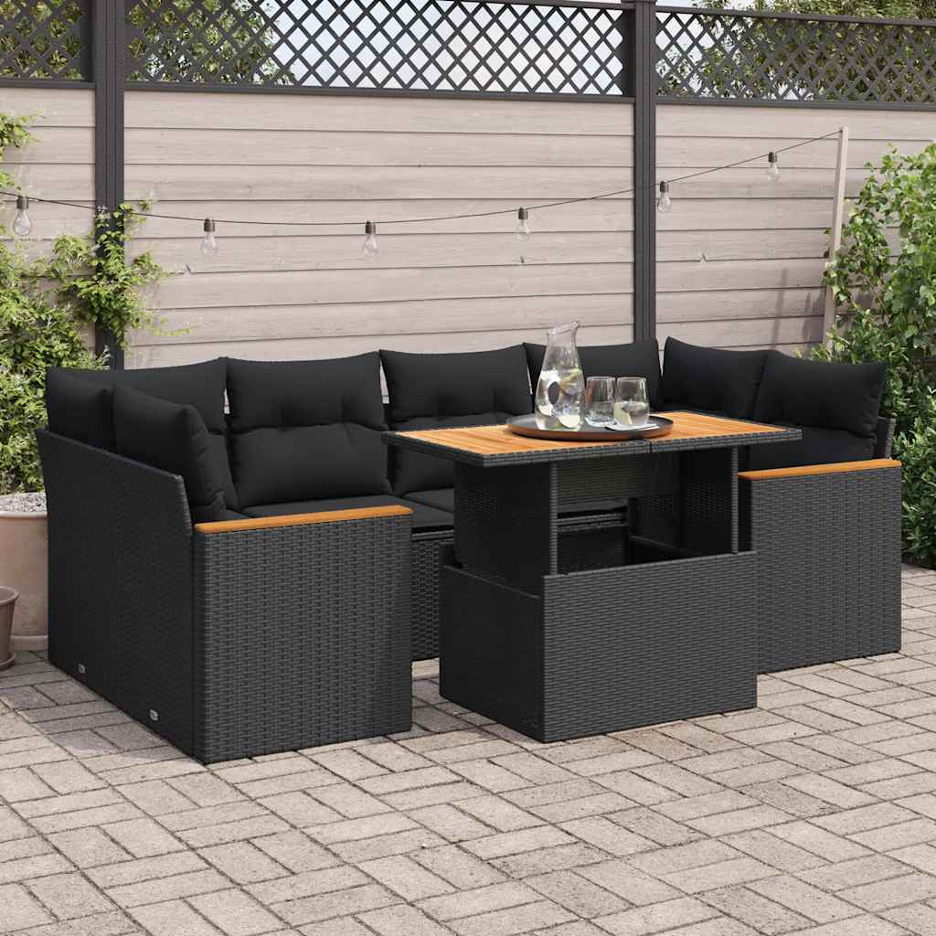 Set Divano da Giardino 6 pz con Cuscini Nero Polyrattan Acacia
