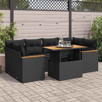 Set Divano da Giardino 6 pz con Cuscini Nero Polyrattan Acacia