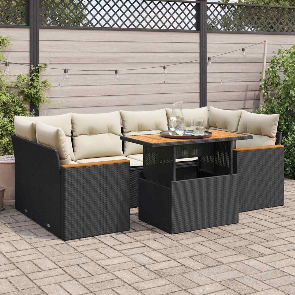 Set Divano da Giardino 6 pz con Cuscini Nero Polyrattan Acacia | homemem39