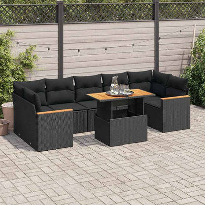 Set Divani da Giardino con Cuscini 8 pz Nero Polyrattan Acacia | homemem39