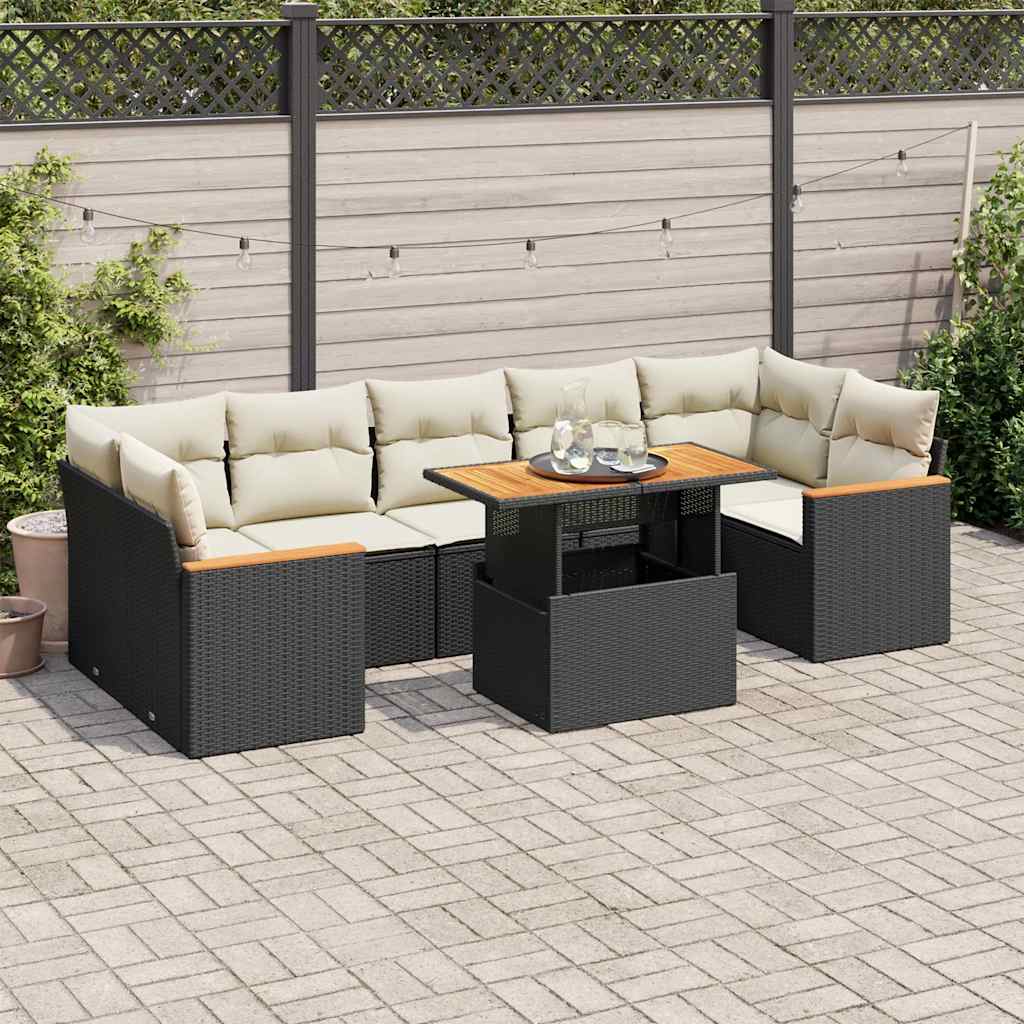 Set Divani da Giardino con Cuscini 8 pz Nero Polyrattan Acacia | homemem39