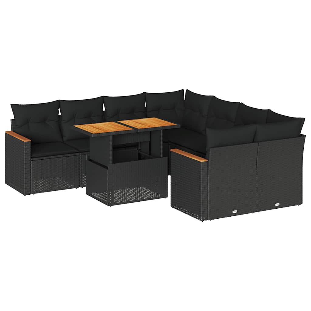 Set Divani da Giardino 9 pz con Cuscini Nero Polyrattan Acacia | homemem39
