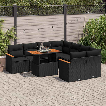 Set Divani da Giardino 9 pz con Cuscini Nero Polyrattan Acacia | homemem39