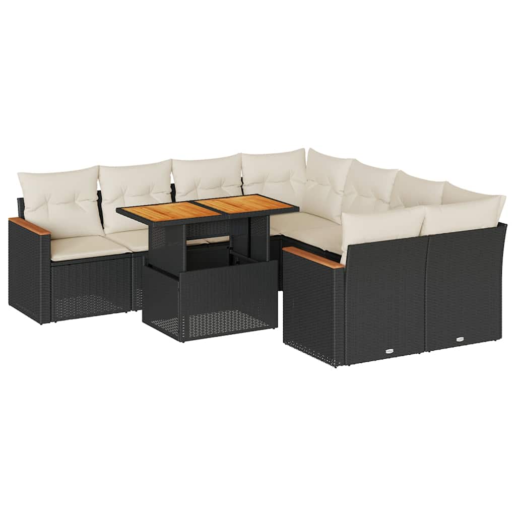 Set Divani da Giardino 9 pz con Cuscini Nero Polyrattan Acacia | homemem39