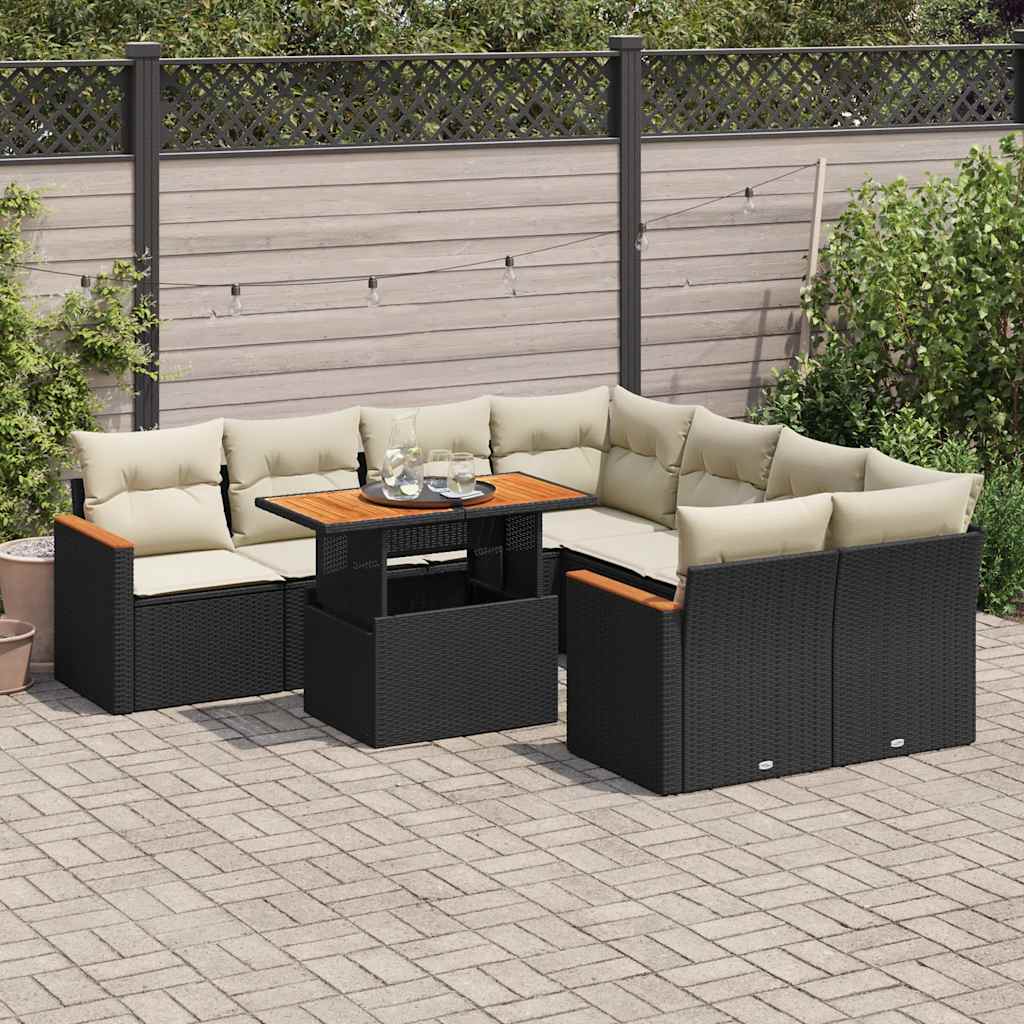 Set Divani da Giardino 9 pz con Cuscini Nero Polyrattan Acacia | homemem39