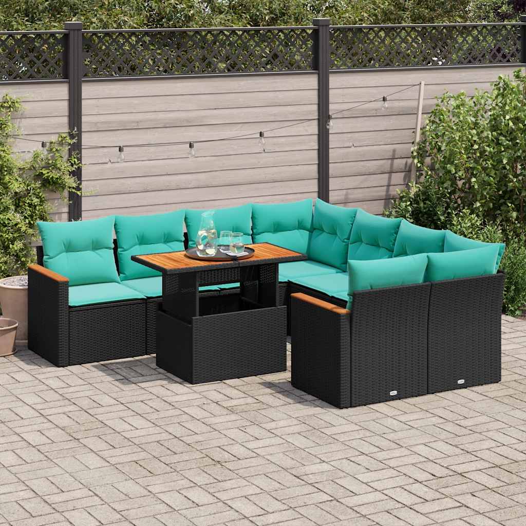 Set Divani da Giardino 9 pz con Cuscini Nero in Polyrattan | homemem39