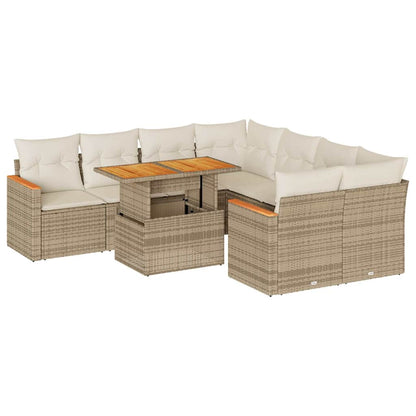 Set Divano da Giardino 9 pz con Cuscini Beige Polyrattan Acacia | homemem39