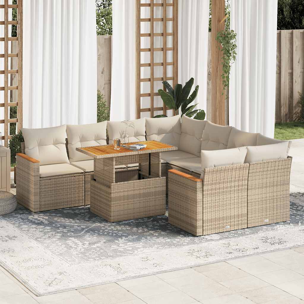 Set Divano da Giardino 9 pz con Cuscini Beige Polyrattan Acacia | homemem39