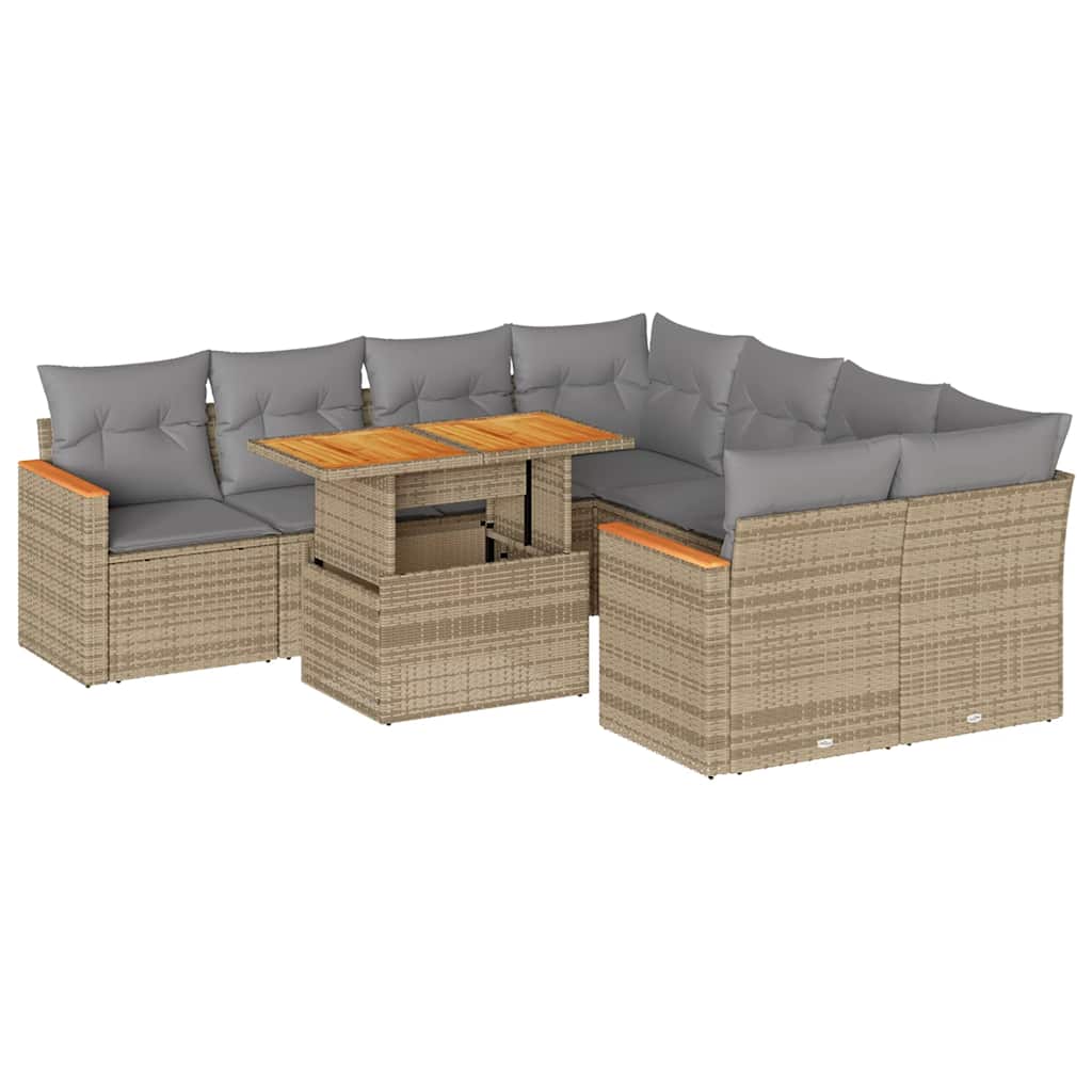 Set Divano da Giardino 9 pz con Cuscini Beige Polyrattan Acacia | homemem39