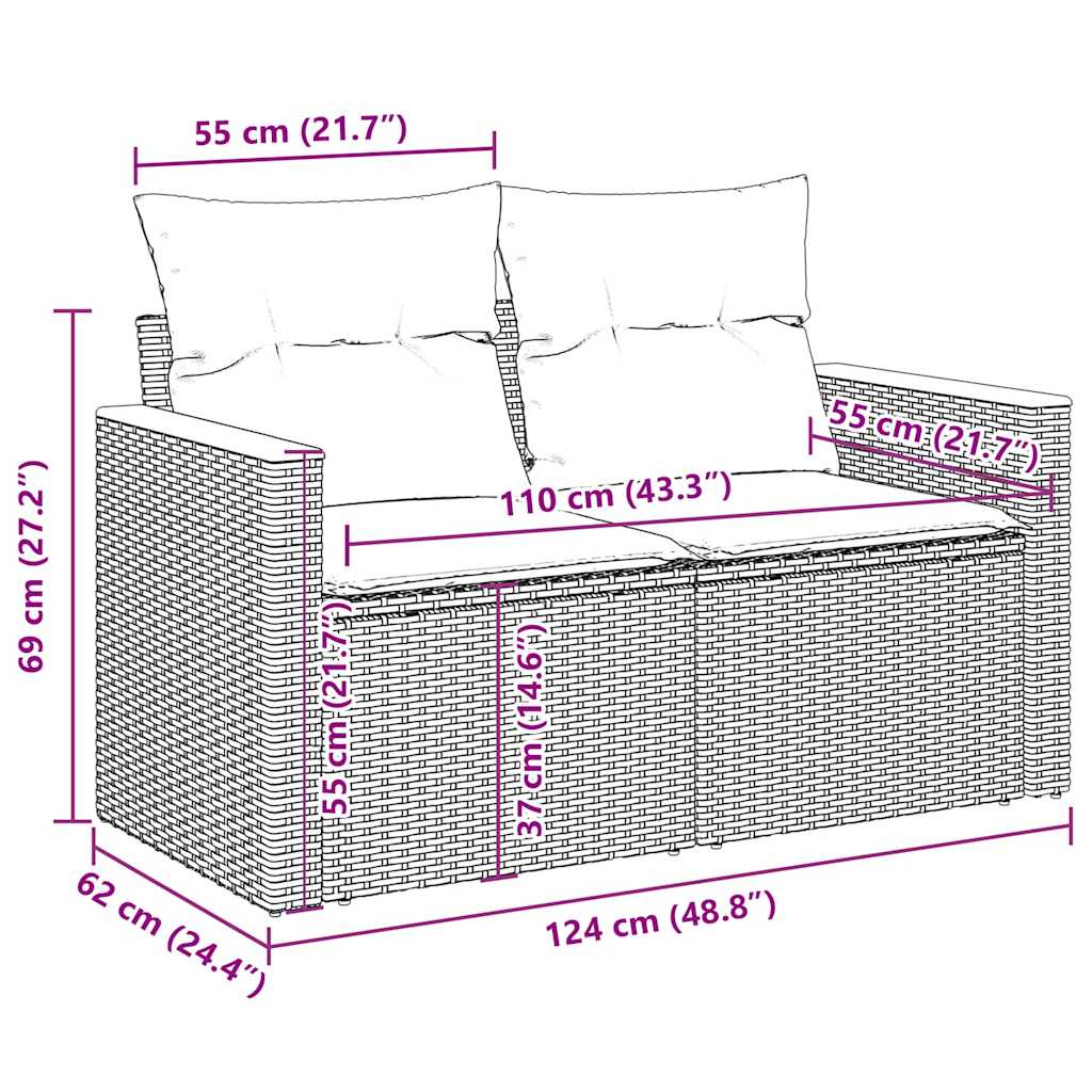Set Divano da Giardino 9pz con Cuscini Grigio Polyrattan Acacia