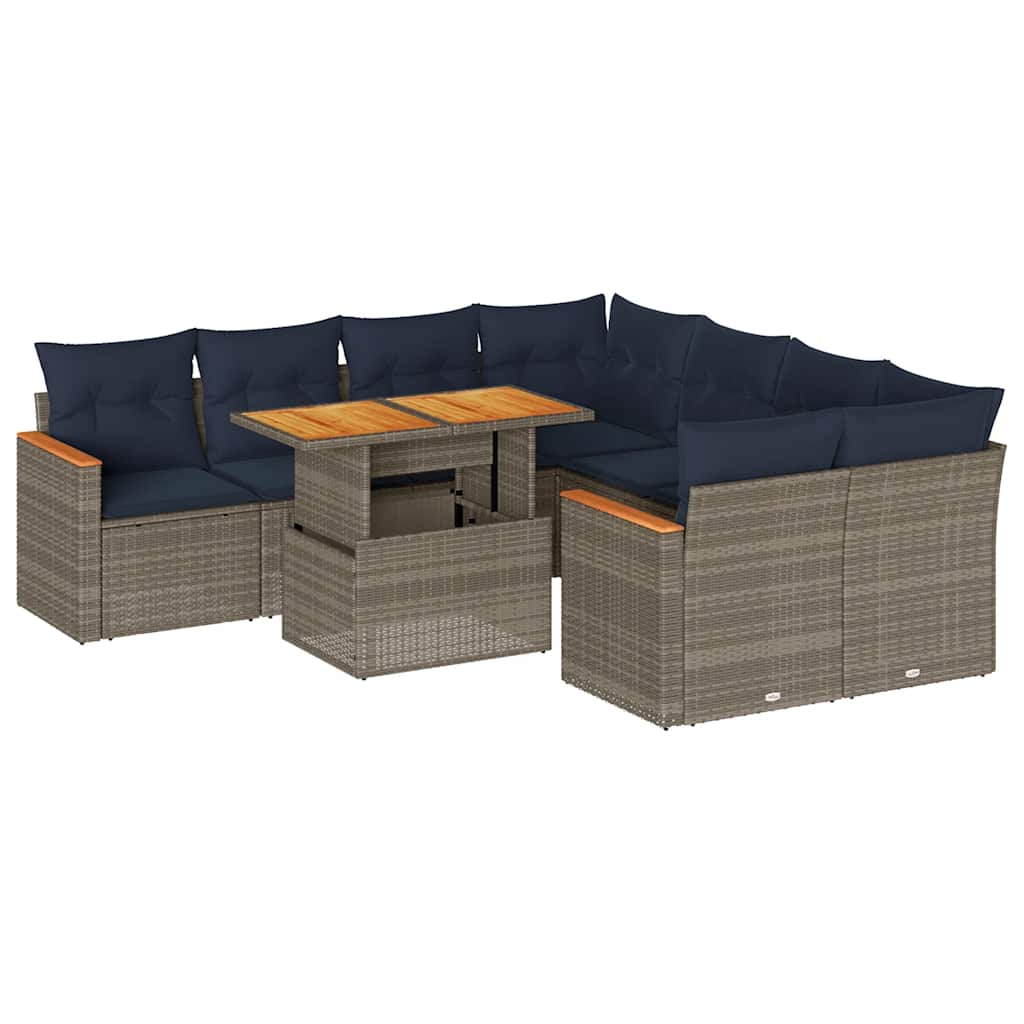 Set Divano da Giardino 9 pz con Cuscini Grigio in Polyrattan