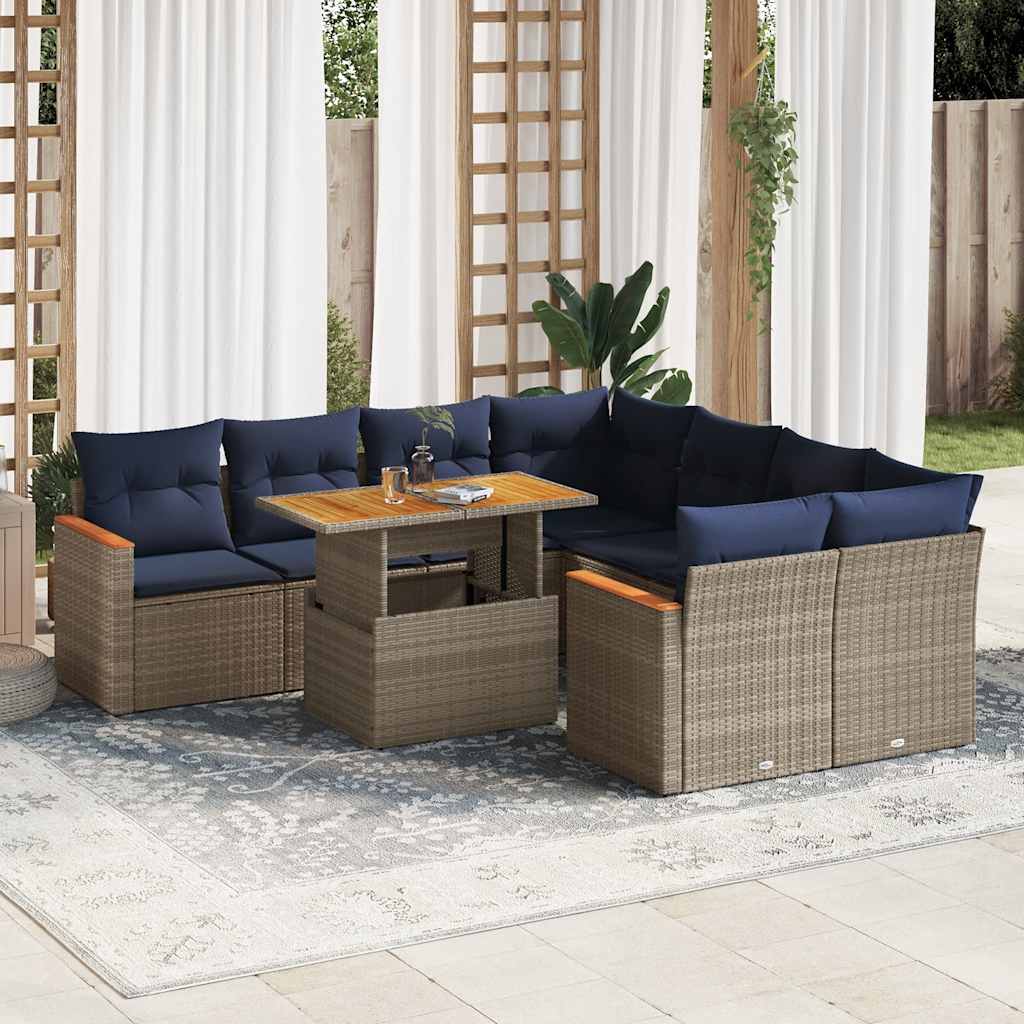 Set Divano da Giardino 9 pz con Cuscini Grigio in Polyrattan