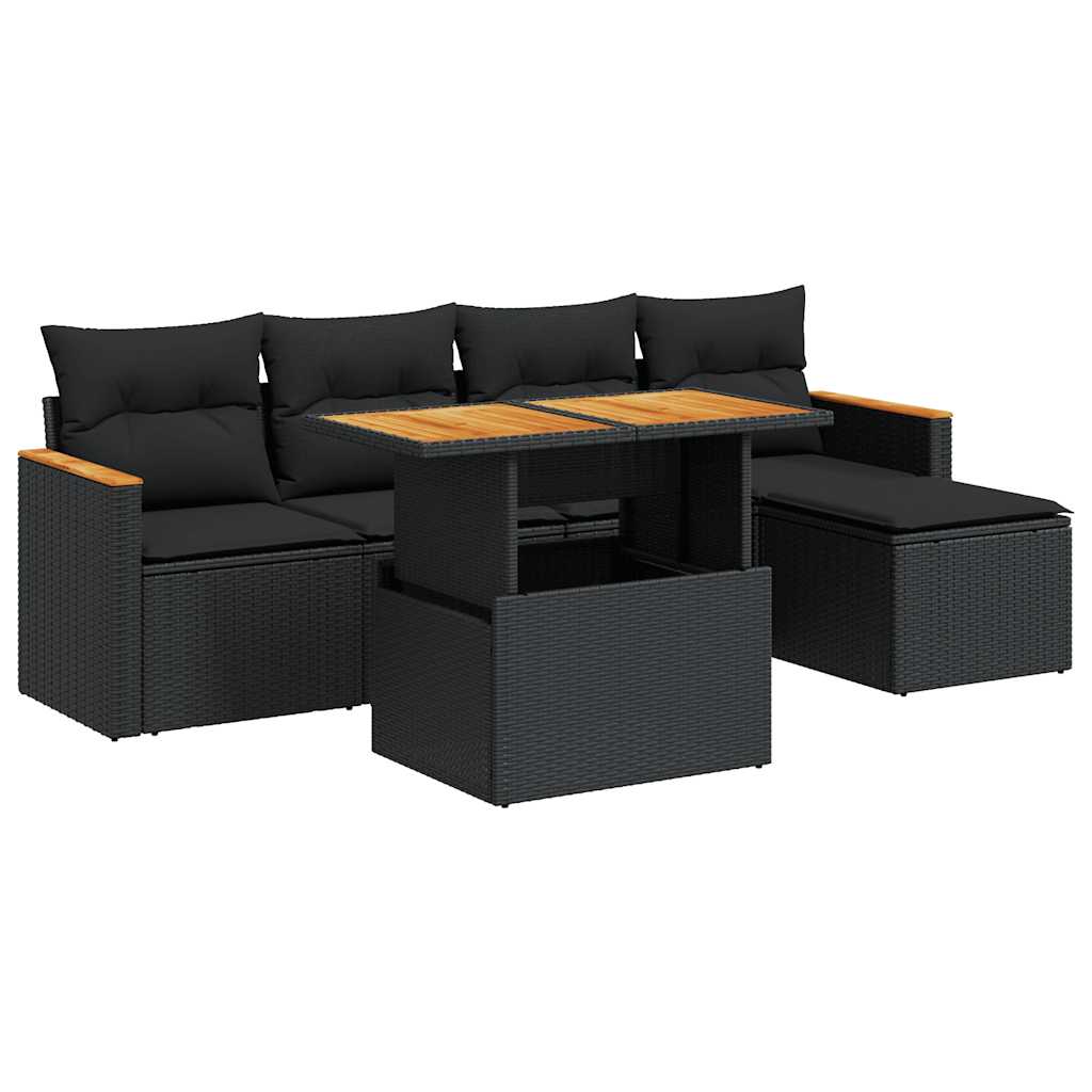 Set Divano da Giardino 6 pz con Cuscini Nero Polyrattan Acacia | homemem39