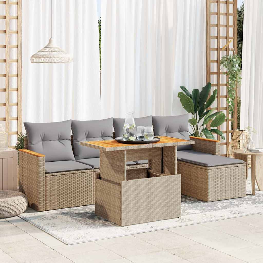Set Divano da Giardino 6 pz con Cuscini Beige Polyrattan Acacia | homemem39