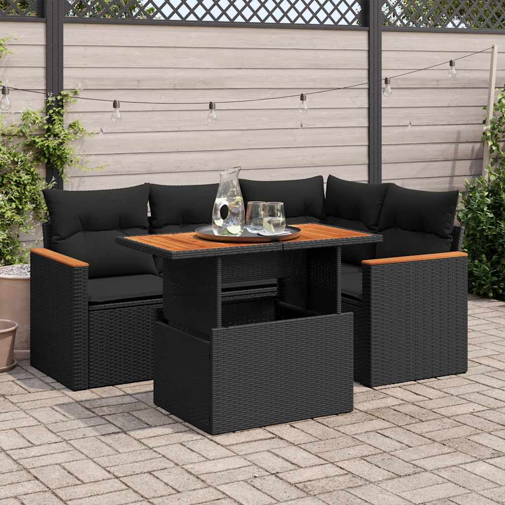 Set Divani da Giardino 5 pz con Cuscini Nero Polyrattan Acacia | homemem39