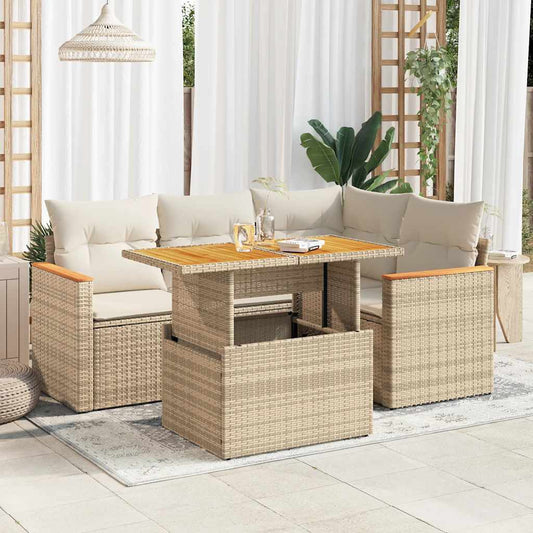 Set Divano da Giardino 5 pz con Cuscini Beige Polyrattan Acacia