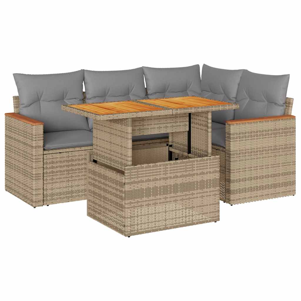 Set Divano da Giardino 5 pz con Cuscini Beige Polyrattan Acacia | homemem39
