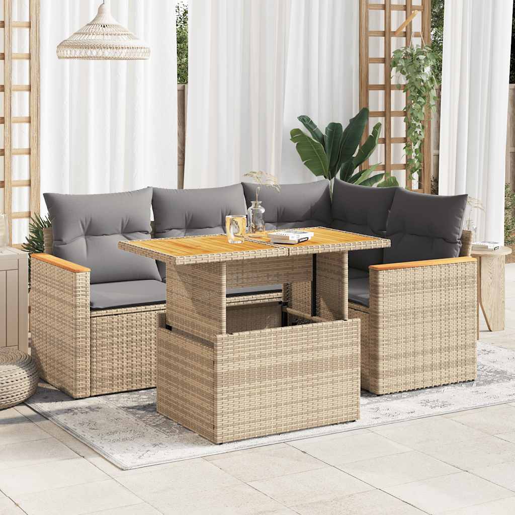 Set Divano da Giardino 5 pz con Cuscini Beige Polyrattan Acacia | homemem39