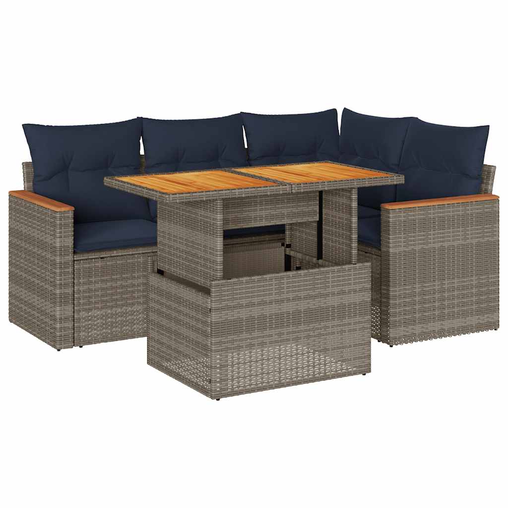 Set Divano da Giardino 5 pz con Cuscini Grigio in Polyrattan