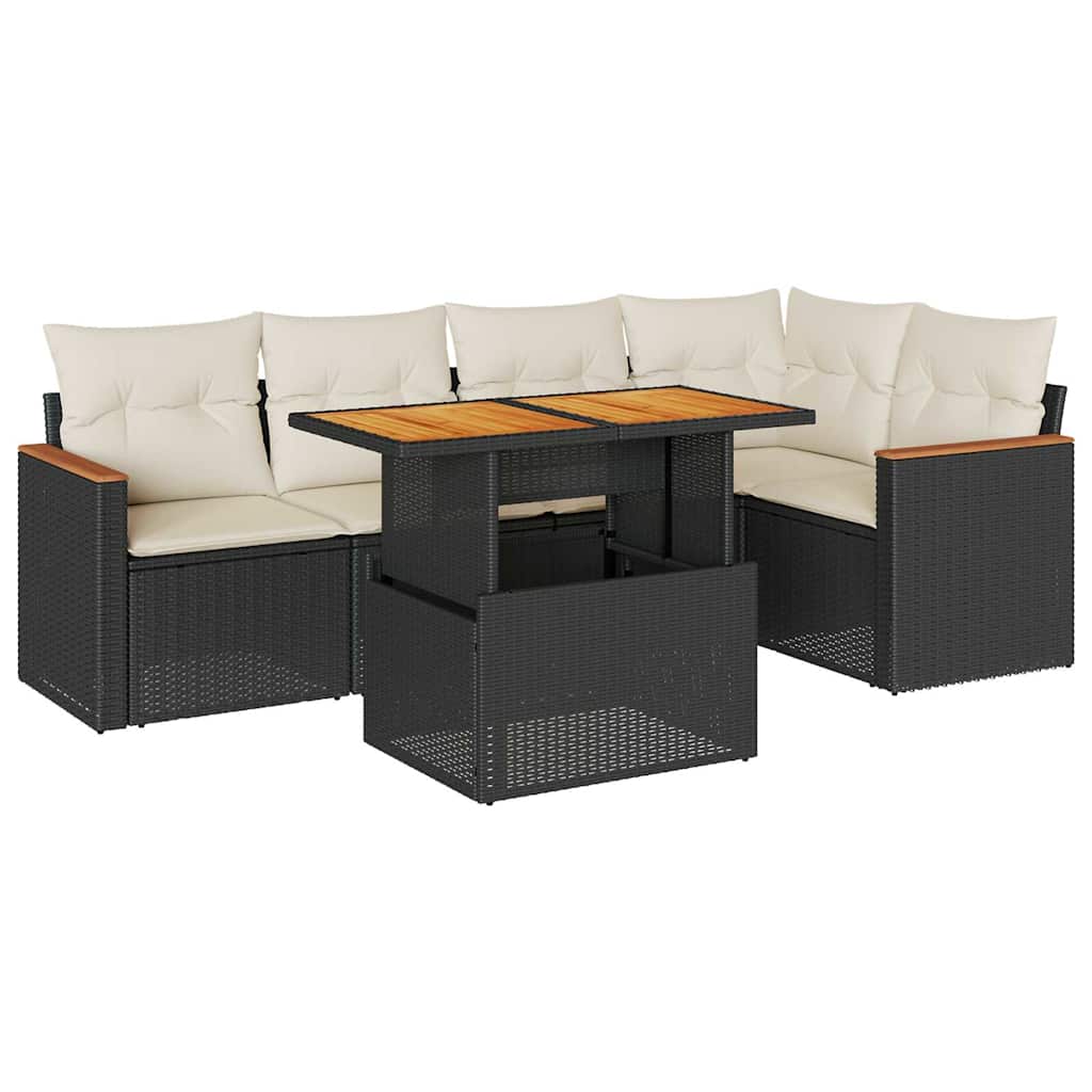 Set Divano da Giardino 6 pz con Cuscini Nero Polyrattan Acacia | homemem39