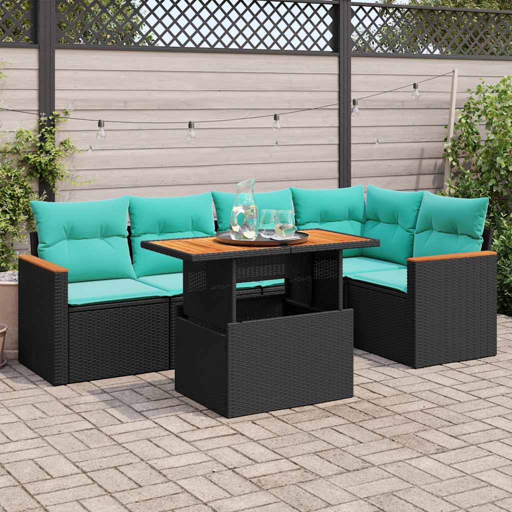 Set Divano da Giardino 6 pz con Cuscini Nero in Polyrattan