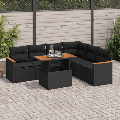 Set Divani da Giardino con Cuscini 7pz Nero Polyrattan Acacia | homemem39