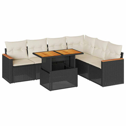 Set Divani da Giardino con Cuscini 7pz Nero Polyrattan Acacia | homemem39