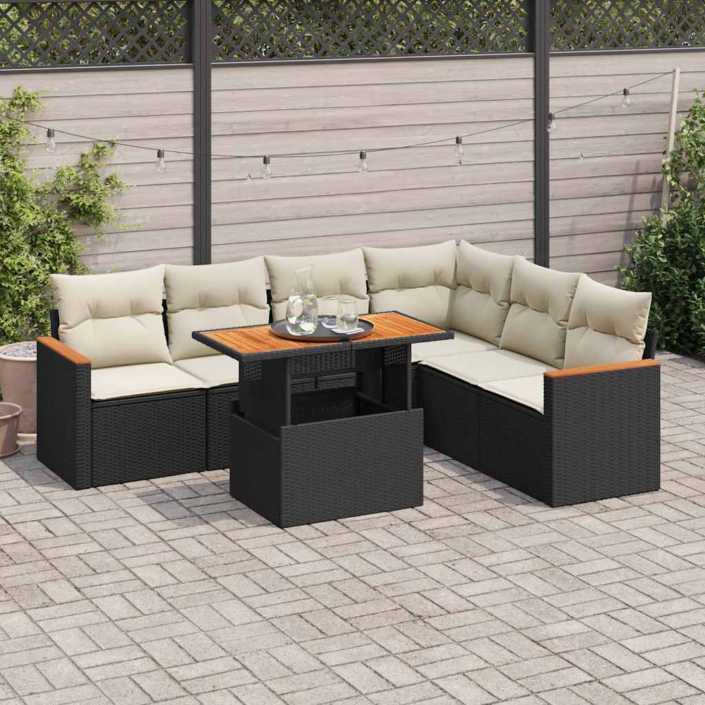 Set Divani da Giardino con Cuscini 7pz Nero Polyrattan Acacia | homemem39