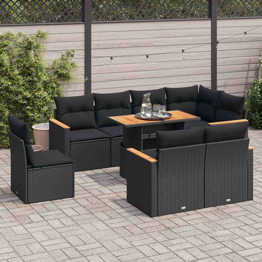 Set Divani da Giardino 9 pz con Cuscini Nero Polyrattan Acacia | homemem39