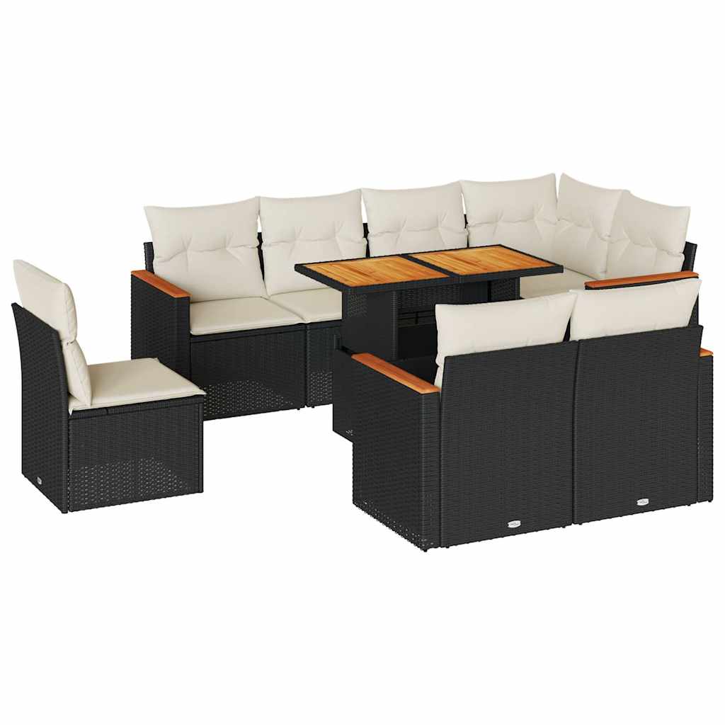 Set Divani da Giardino 9 pz con Cuscini Nero Polyrattan Acacia | homemem39