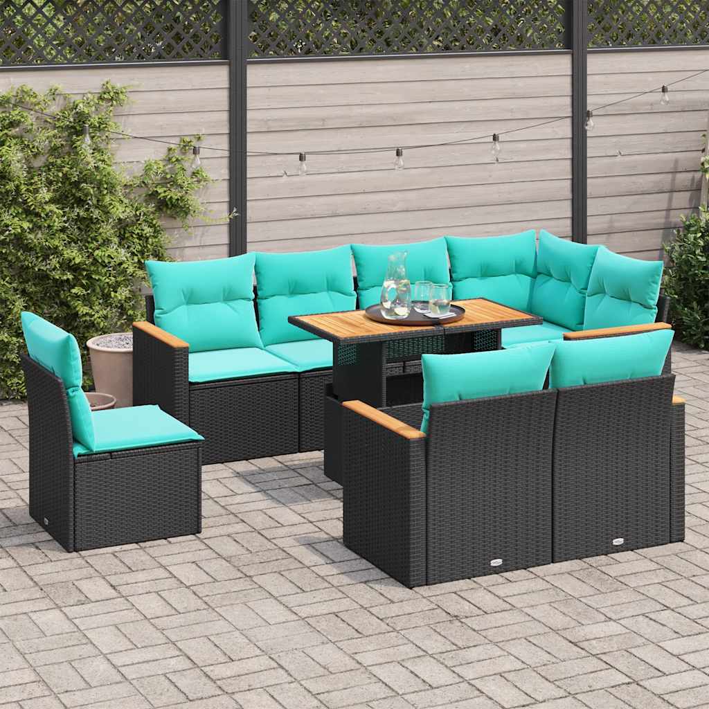 Set Divani da Giardino 9 pz con Cuscini Nero in Polyrattan | homemem39