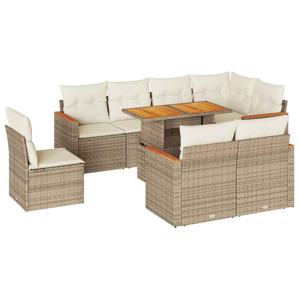 Set Divano da Giardino 9 pz con Cuscini Beige Polyrattan Acacia | homemem39