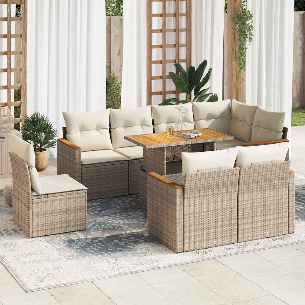 Set Divano da Giardino 9 pz con Cuscini Beige Polyrattan Acacia | homemem39